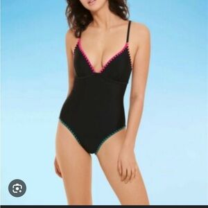 Decree Juniors Black One-piece Swimsuit with Pink and Blue Trim Sz-M